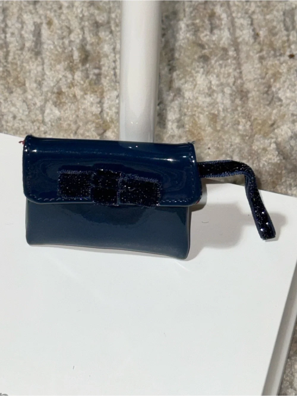 American Girl navy patent leather hand bag envelope style with wrist band